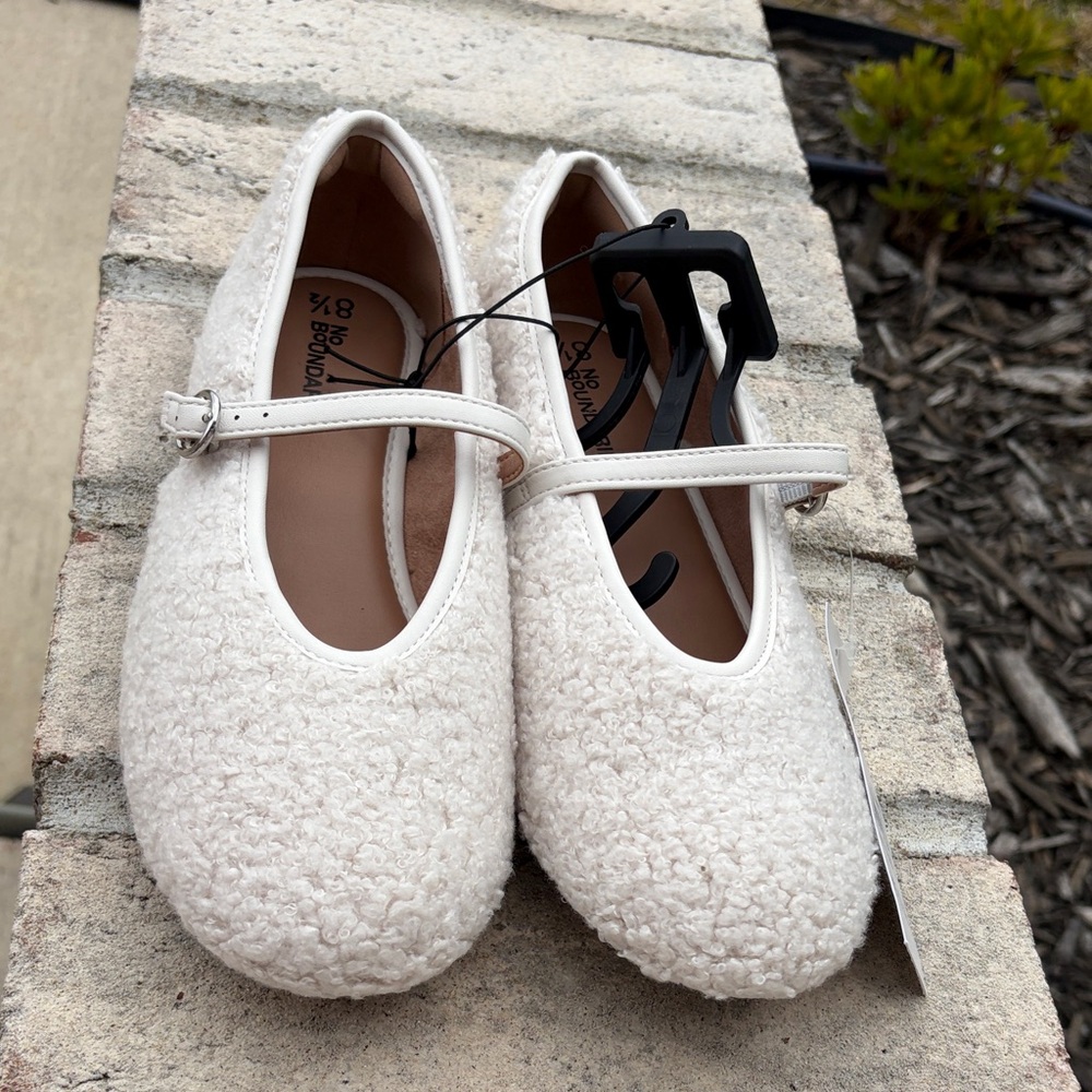 No Boundaries Cream Bouclé Mary Jane Flats with Buckle Strap